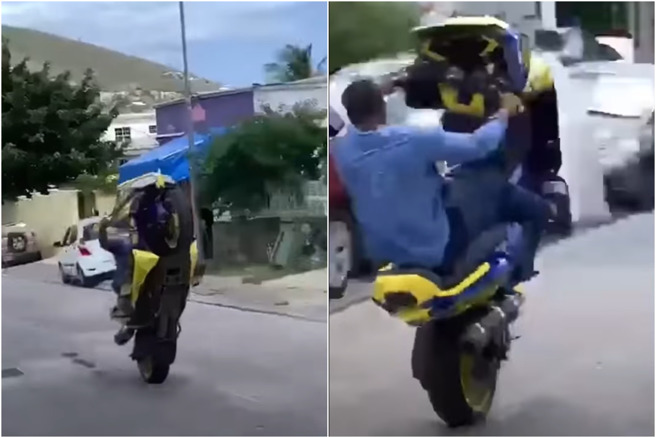 国外有名男子骑着重机「翘孤轮」，下秒听到「哔一声」男子与重机喷飞空中重摔在地。（翻摄自脸书爆废公社）