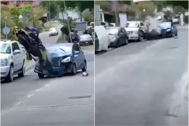 国外有名男子骑着重机「翘孤轮」，下秒听到「哔一声」男子与重机喷飞空中重摔在地。（翻摄自脸书爆废公社）