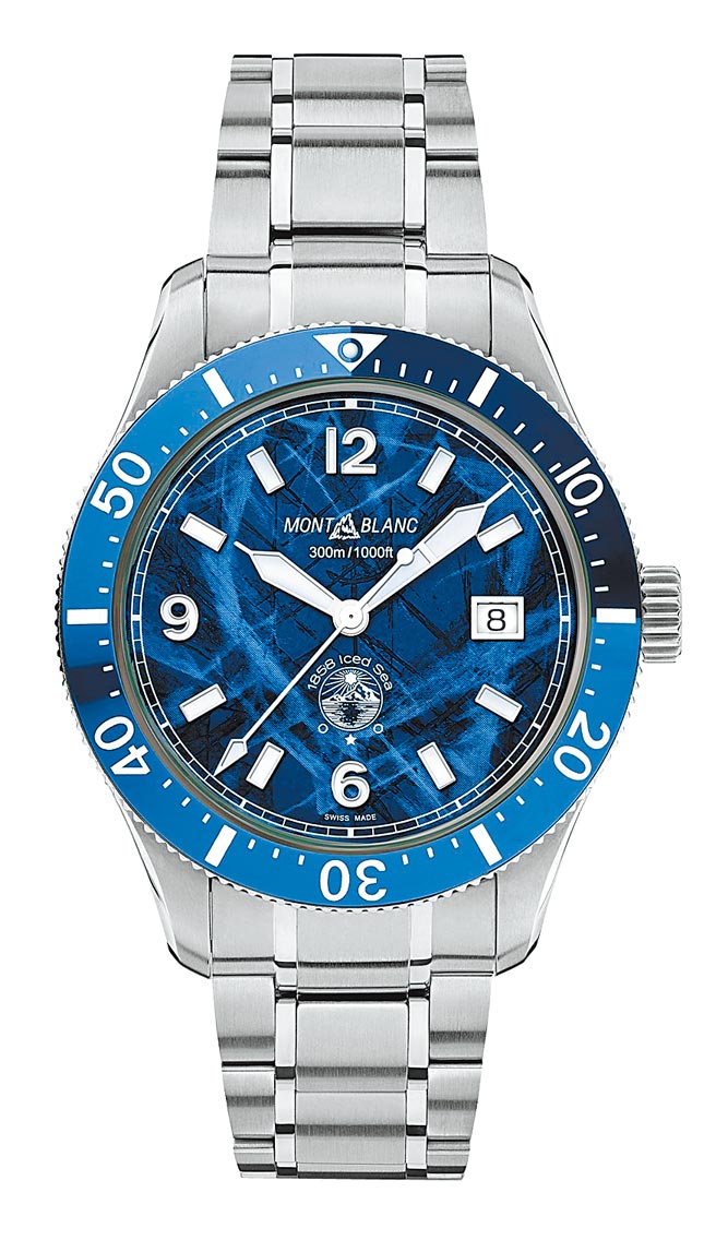 万宝龙1858系列Iced Sea日期显示自动腕表，蓝面钢带款，10万2000元。（Montblanc提供）