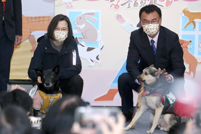 蔡英文總統（左）、農委會主委陳吉仲（右）3日出席「寵物管理科動起來」啟動儀式，與治療犬互動合影。（黃世麒攝）