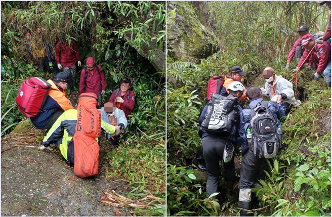 搜救人员以接驳方式将阮翁带下山送医。（记者爆料网）