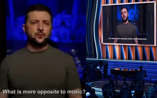 乌克兰总统泽伦斯基透过预录影片登上葛莱美奖颁奖典礼。（图／取自推特、美联社／达志影像）