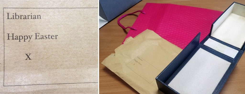 神秘客X所送还的达尔文笔记本，粉红纸袋里装着牛皮纸信封，上头写着「图书馆员，复活节快乐。X」(图/剑桥大学图书馆)(photo:ChinaTimes)