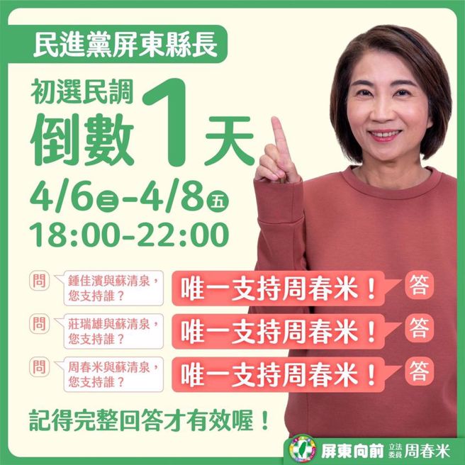 立委周春米呼籲屏東鄉親明起在電訪民調要堅定回答「唯一支持周春米」。(圖/擷自周春米fb)
