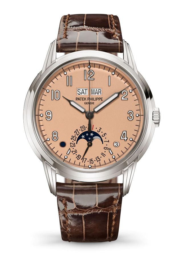 百达翡丽编号5320G-011万年历腕表，新换鲑鱼色表盘，276万元。（Patek Philippe提供）