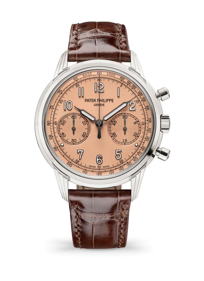 百达翡丽编号5172G-010计时码表，新换鲑鱼色表盘，234万6000元。（Patek Philippe提供）