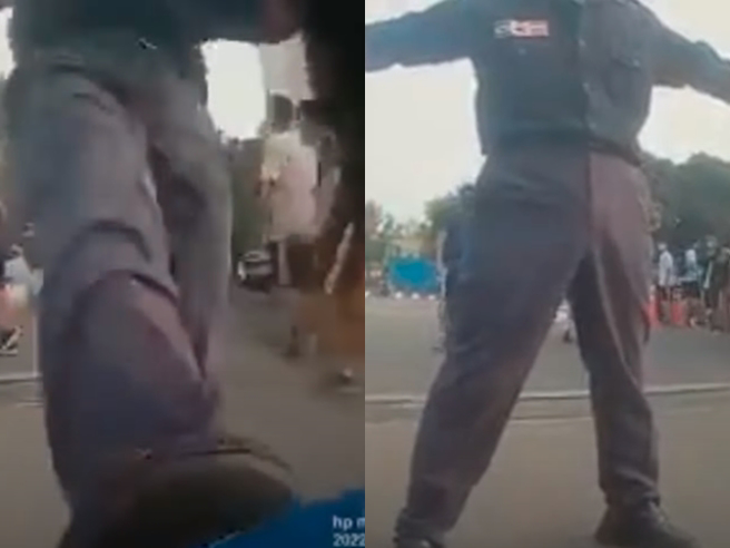 嘉义某高中上月31日因运动会提早放学，1名学生准备骑车离开，却遭校门警卫挡下，警卫甚至「出脚踹机车」挡住出口，还不断飙骂学生。（翻摄自脸书「爆料公社」）