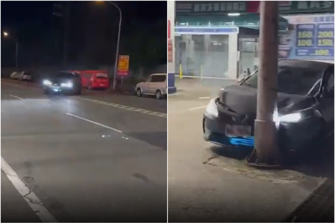 一名驾驶在路上试车蛇行，岂料，回到加油站前却一个不注意直接撞上铁柱。（翻摄自爆料公社）