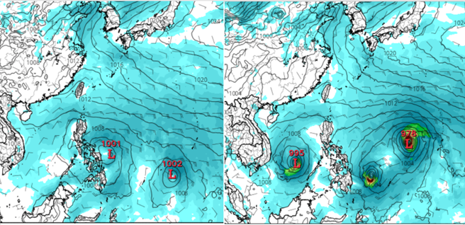 最新歐洲ECMWF(左圖)及美國GFS(右圖)模式，模擬10日20時地面圖顯示，南海至菲律賓東方海域各有熱帶擾動活動，但模擬的數量、位置、強度皆有差異。(圖擷自Tropical tidbits)

