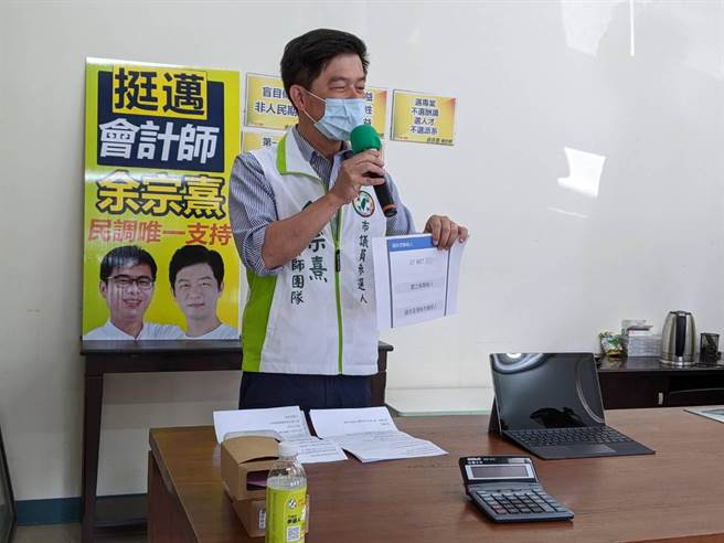 民进党前镇小港议员参选人余宗熹6日提出录音檔，指立委赖瑞隆服务处电访员要求选民支持特定参选人。（曹明正摄）