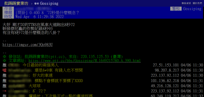 廖老大團隊今日於台中實測0到400公尺加速跑出8.72秒的佳績，打破大陸網紅的紀錄，引起網友好奇「8.72秒就竟是什麼概念？」（翻攝自PTT）
