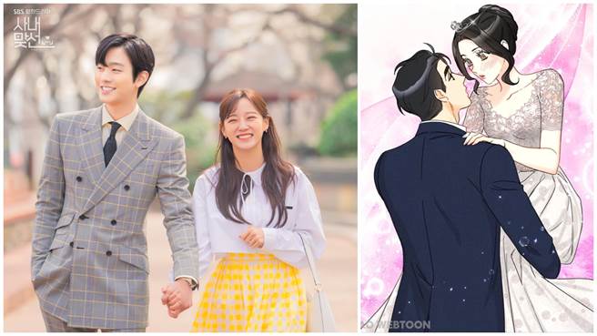 安孝燮在樱花树下向金世正求婚成功为《社内相亲》画下完美句点，原版漫画中有2人的婚礼桥段。（摘自SBS DRAMA脸书、KAKAO WEBTOON提供）