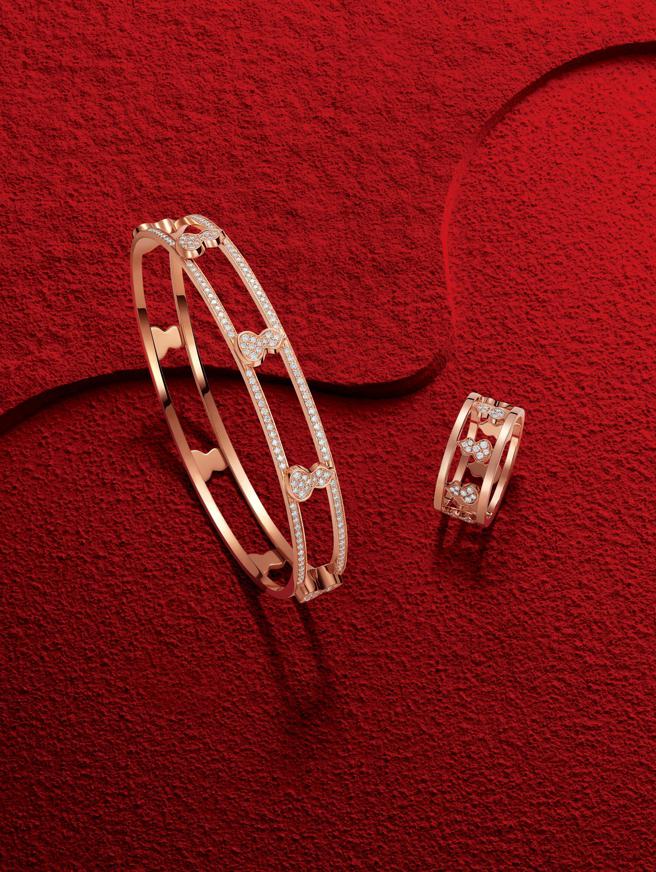 Qeelin以東方吉祥圖騰「葫蘆」為靈感創作Wulu珠寶， 玫瑰金葫蘆鑲鑽戒指11萬8000元，葫蘆鑲鑽手鐲23萬7000元。（Qeelin提供）