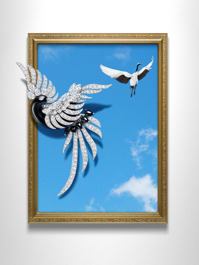 海瑞温斯顿在台发表Marvelous Creations 顶级珠宝，图为Black Necked Crane黑颈鹤胸针。（Harry Winston提供）