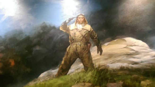 阎海文眼看配枪剩下最后一颗子弹，他决定朝着自己头部太阳穴扣下扳机，临死前他震天一喊：「中华民国万岁！」此为翻拍于庆祝对日抗战胜利70周年，由国防部、文化部共同在中正纪念堂主办特展油画作品。（图／庄秉汉提供）