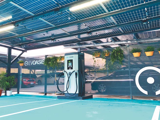 以绿能电厂起家的EVOASIS，将绿电带入充电站，车主所使用的充电服务，就有30％来自再生能源，以回应车主们对永续环境的期待；图为EVOASIS位于苗栗公馆交流道DC120kW绿能超充站。图／EVOASIS提供