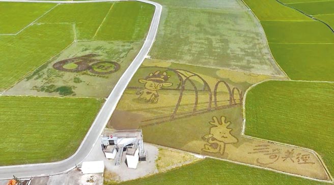 宜兰版的伯朗大道，三奇美径彩绘稻田今年有可爱小鹿「拉布」和「斑比」及冬山车站为代表图，旺旺集团这次也参与彩稻，用「60」和「旺」字呈现，极为壮观。（宜兰大学无人机教官沈张鸿提供／吴佩蓉宜兰传真）