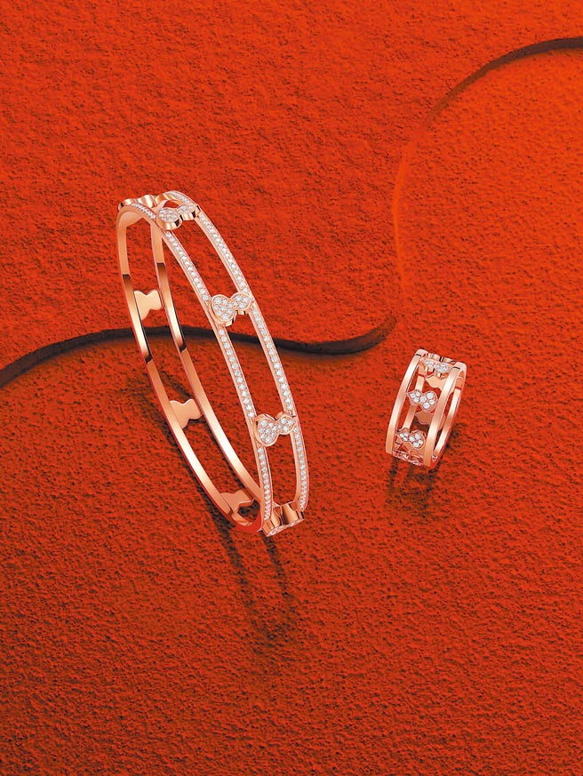 Qeelin以東方吉祥圖騰「葫蘆」為靈感創作Wulu珠寶， 玫瑰金葫蘆鑲鑽戒指11萬8000元，葫蘆鑲鑽手鐲23萬7000元。（Qeelin提供）