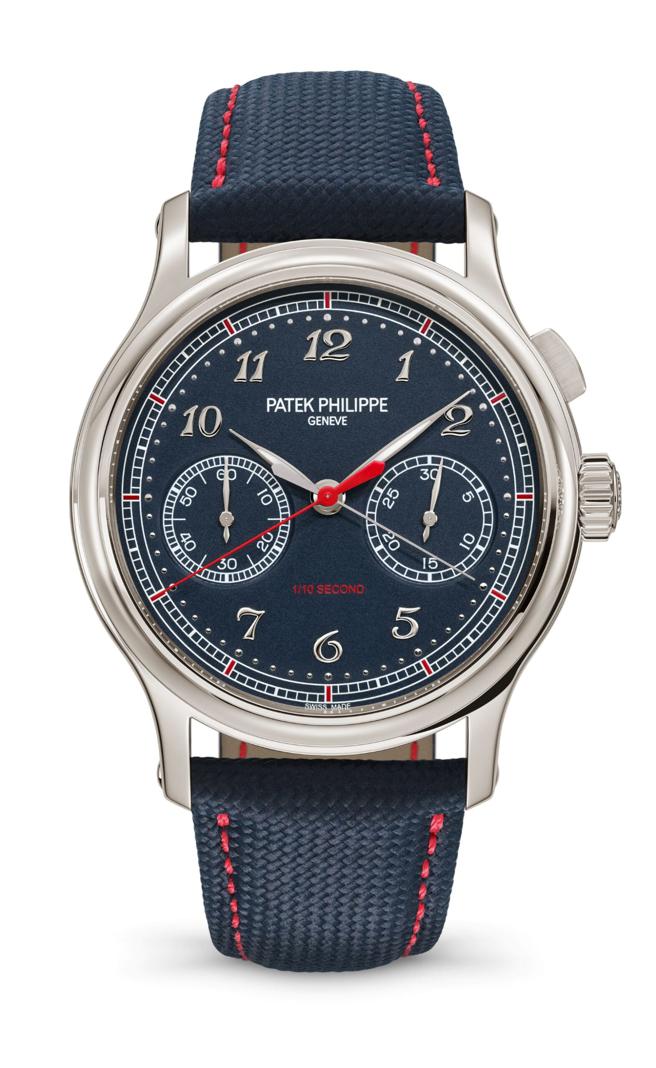 百达翡丽编号5470P-001十分之一秒单按把计时码表，红色1/10秒指针与蓝色表盘的对比色彩十分时尚。（Patek Philippe提供）
