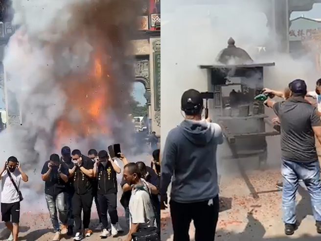 北港武德宮近日再度舉行炸轎，驚悚竄天火勢與猛烈濃煙被目擊民眾拍下，只見神轎與神像當場被燒得焦黑，影片曝光引發熱議。（翻攝自臉書爆料公社）
