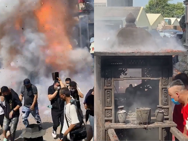 北港武德宮近日再度舉行炸轎，驚悚竄天火勢與猛烈濃煙被目擊民眾拍下，只見神轎與神像當場被燒得焦黑，影片曝光引發熱議。（翻攝自臉書爆料公社）