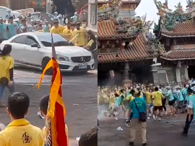 北港武德宫9日发生嘉义、彰化的进香团，在庙前广场发生群架斗殴。（翻摄自脸书）