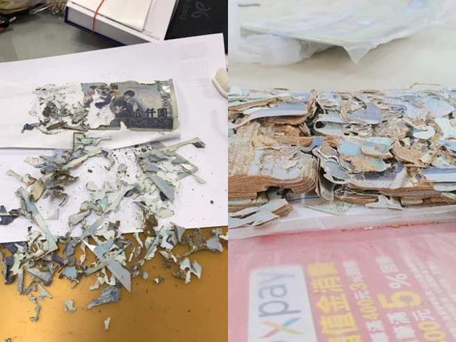 网友将整迭「几乎全破损」的千元钞票自行「拚凑」，进行「高级拼图」，所幸最后成功从银行换得9成新钞票。（翻摄自脸书「爆废公社公开版」）