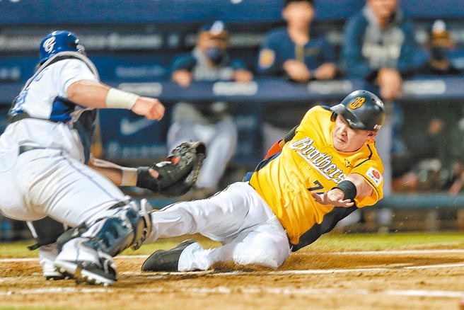 中信兄弟許基宏（右）衝回本壘遭到悍將捕手觸殺。（杜宜諳攝）