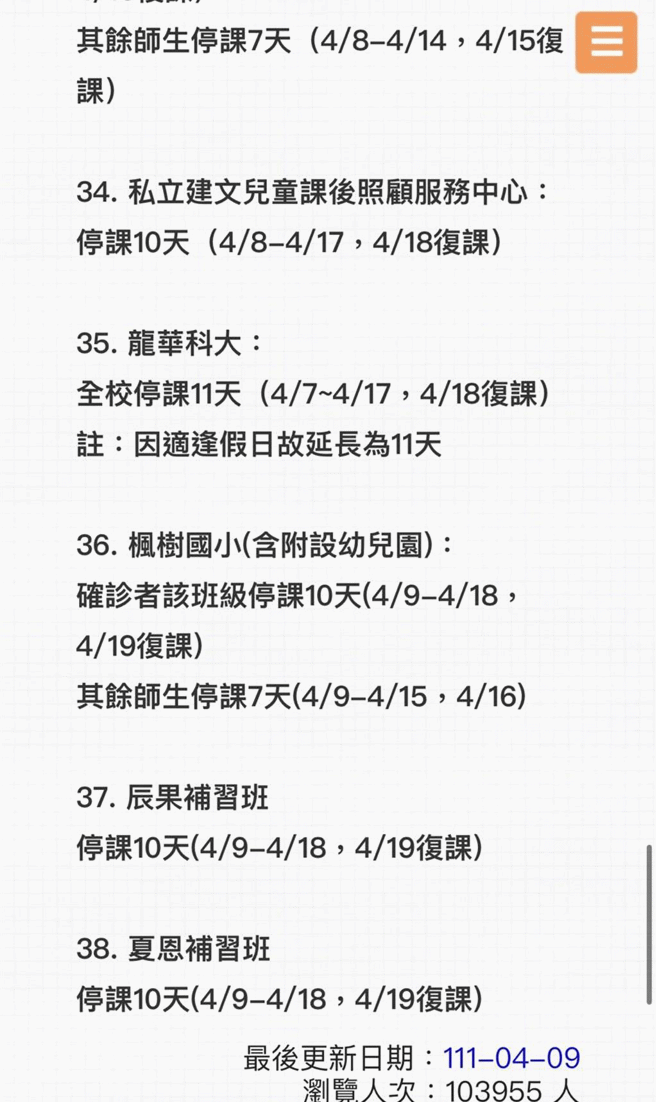 枫树国小、辰果补习班、夏恩补习班停课。(蔡依珍摄)