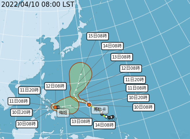 輕颱梅姬生成，往東緩慢移動。(氣象局提供)
