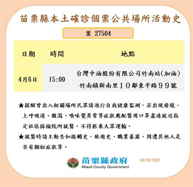 苗栗縣府公布確診者足跡。（苗栗縣府提供／李京昇苗栗傳真）