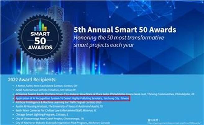 台中市环保局2020年开始採用「自动判烟技术与车牌影像自动辨识系统」查缉乌贼机车，颇有成效，此创新作为更获「2022全球智慧50大奖」肯定。(环保局提供／林欣仪台中传真)