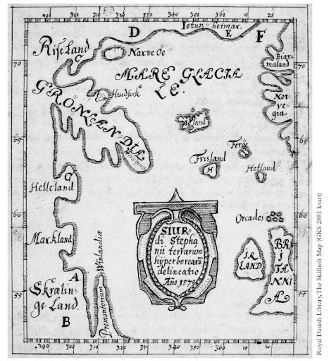 一五九○年时一位冰岛教师画了这张地图，表示维京人早在西元一千年时就对美洲有所了解。这是现存最早诺斯人对北美洲的描绘。(图/时报出版提供)