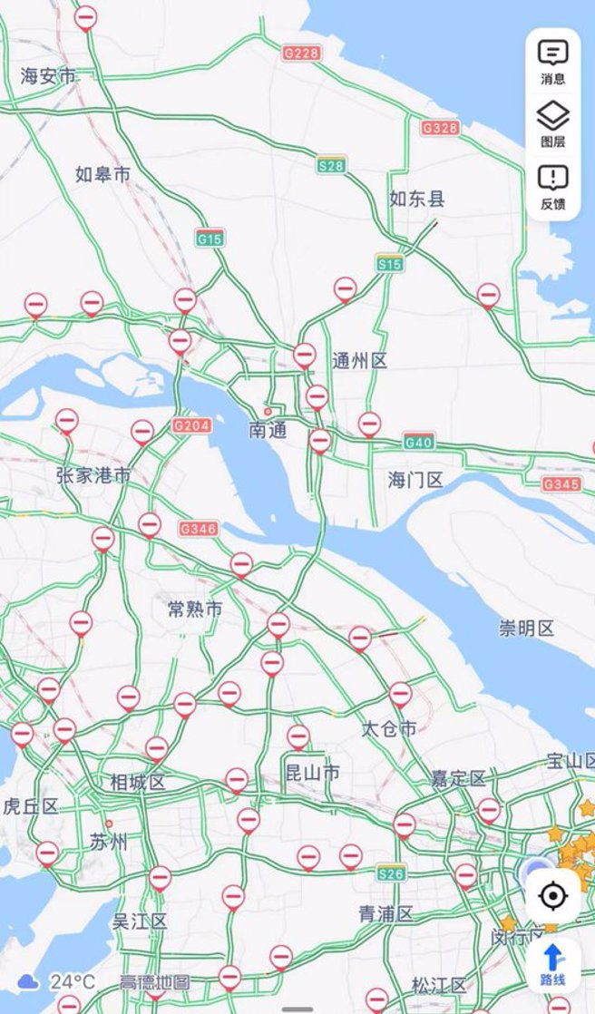 从导航地图标示看，上海周边城市高速公路几乎所有出口全部都遭封闭。（图／网路）