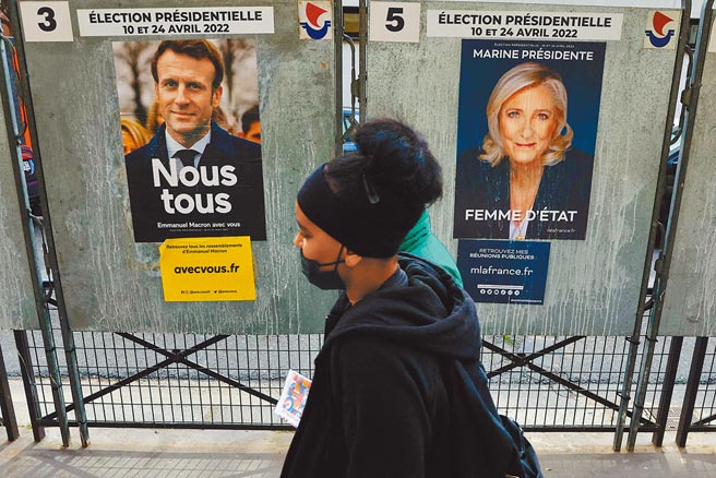 法国总统大选将于10日举行首轮投票。现任总统马克宏（左方竞选海报）的支持率继续排在首位，但极右派「国民联盟」（RN）领袖玛琳．雷朋（右）紧追在后，两人极有可能在第二轮投票时二度对决。（路透）