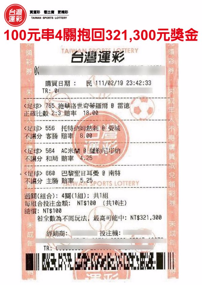 100元串4關抱回32萬元獎金彩票。(台灣運彩提供)