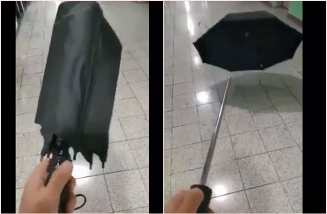 自動摺傘開關一按，傘頭竟噴射脫離，落地後還張傘。（截自臉書《爆料公社》影片）