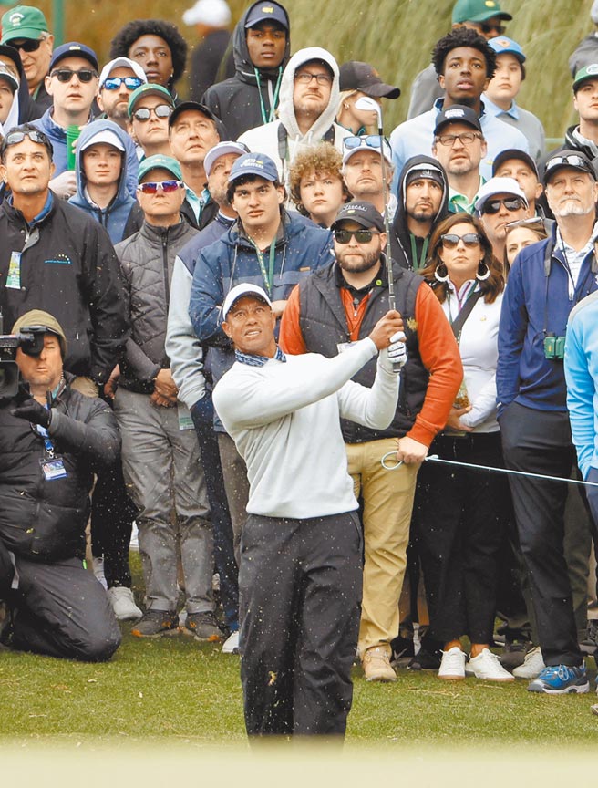 老虎伍兹跟观眾全都专注看着小白球飞去的方向。（路透）