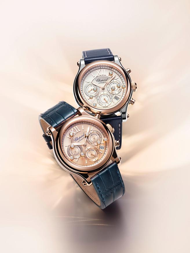 蕭邦Happy Sport Chrono腕表功能再升級，採用符合倫理道德標準的18K玫瑰金款及精鋼款。（CHOPARD提供）
