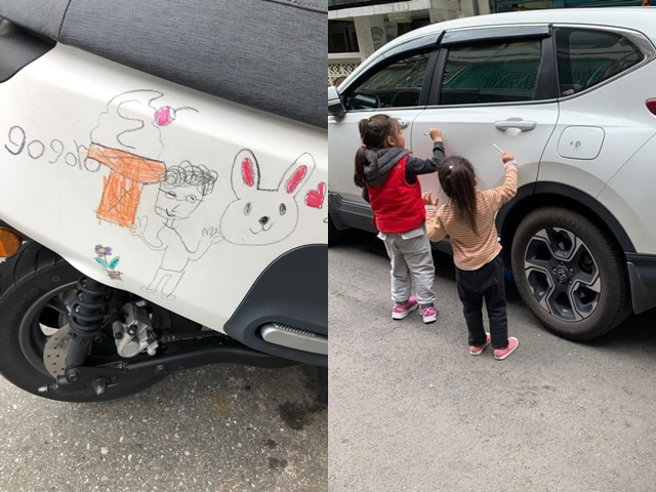 PO文留言处还有不少网友分享自家孩子的「创作」，有孩子在照片中直接拿笔涂车子，网友无奈地说「孩子画得很开心」；也有人请孩子在白色gogoro上画画。（翻摄自脸书「爆废公社公开版」）