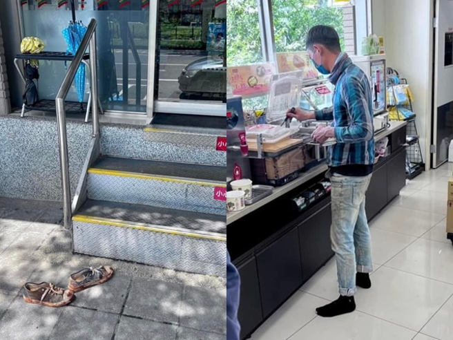 1名网友日前在超商门外发现1双满是污泥的骯脏步鞋，进到超商后发现1名男子拖鞋、赤脚走在里头，男子疑似担心鞋子弄脏超商地板才脱鞋。（翻摄自脸书「爆废公社」）
