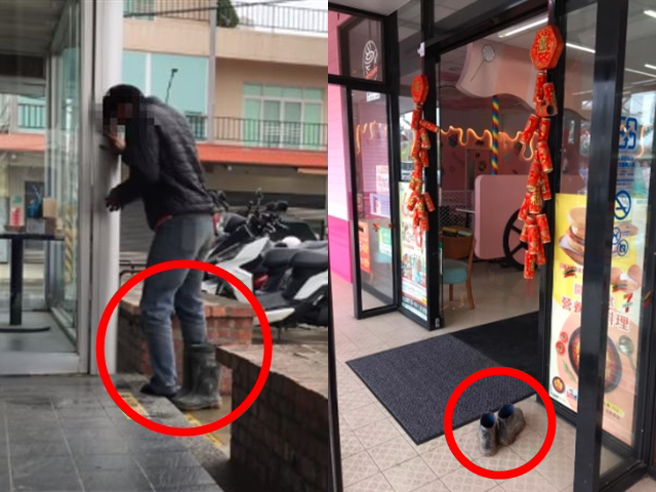 先前也有网友分享了在超商门口看到的画面，只见一位工人准备进超商购物，他担心鞋子上的泥巴弄脏地板，就将鞋子脱在门外，原po说「您的举动让我感动」。（翻摄自脸书）