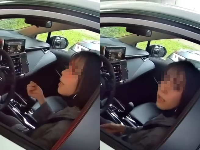 1名重機騎士行駛在路中線突遭左側白車惡意逼車，他騎上前理論，白車女駕駛竟鬼打牆一直說「我有打燈啊」、「那你不要騎在這啊」、「你可以騎過去一點啊」。（翻攝自臉書「八卦村行車紀錄器影片上傳中心」）