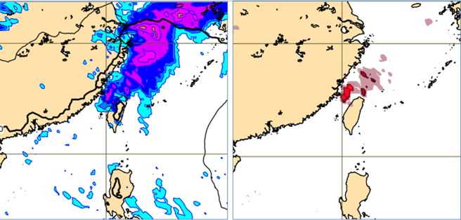 最新歐洲(ECMWF)模式模擬，明日（14日）清晨鋒面降雨已觸及台灣西北部(左圖)；台灣海峽及北部海面有閃電的模擬(右圖)，隱含鋒面通過時，可能仍伴隨局部雷雨的現象。

