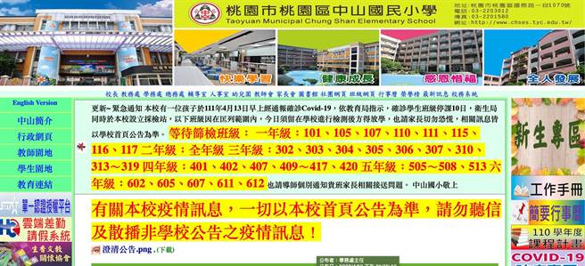 桃园中山国小于官网公布需要待採检的班级，预计有1800人要採检。（图取自中山国小官网／陈梦茹摄）