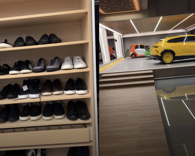 廖老大的鞋柜一样摆满各式精品鞋，几乎都是全新，右为廖老大与妻子的车库，摆满要价不菲的跑车。（翻摄影自廖老大脸书）