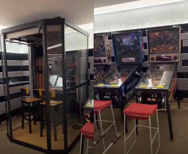 廖老大家中游乐设施齐全，还有卡拉OK机台与弹珠台。（翻摄影自廖老大脸书）