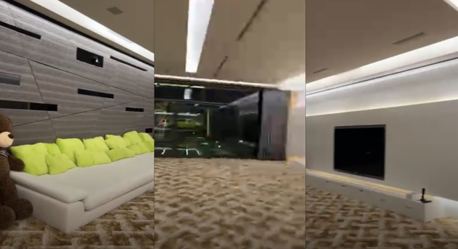 廖老大在家中打造居家电影院，侧边的落地窗只要拉上遮光窗帘，降下投影幕，就能一秒成为宽敞的家庭剧院。（翻摄影自廖老大脸书）