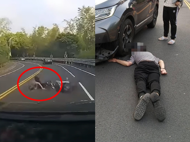 驾驶在山路遭对向机车骑士自摔后「钻进底盘」，他当下停车，所幸骑士保住一命，但左手臂疑似骨折，倒在地上时手臂呈现诡异角度，照片吓坏不少人。（翻摄自脸书「爆废公社公开版」）