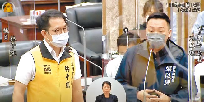 高市議員林于凱（左）12日指出，高市青年創業補助計畫採先搶先贏，恐助長「創業黃牛」氾濫。青年局長張以理（右）駁斥，收件並非核准，仍會實質審查。（擷取自高市議會網站／柯宗緯高雄傳真）